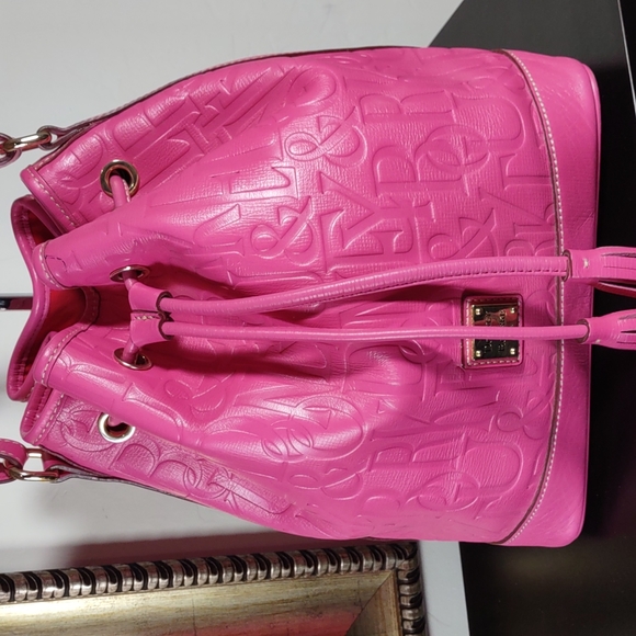 Dooney & Bourke Leather Embossed Monogram  Drawstring Bucket Bag - Picture 2 of 11